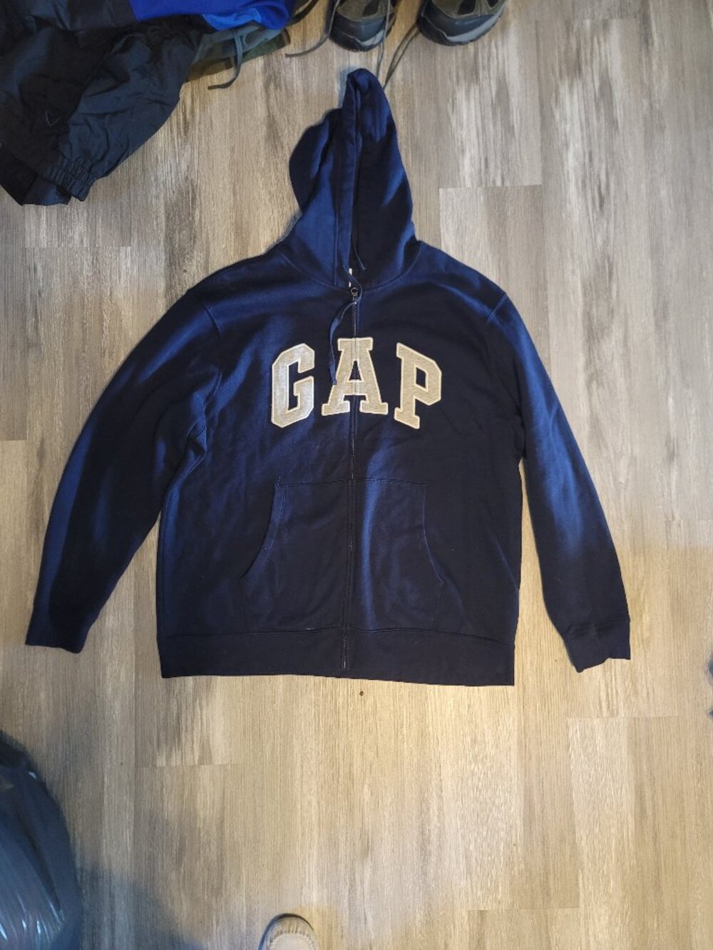 Mens dark blue GAP full zip hooded sweatshirt - has spot - size XL